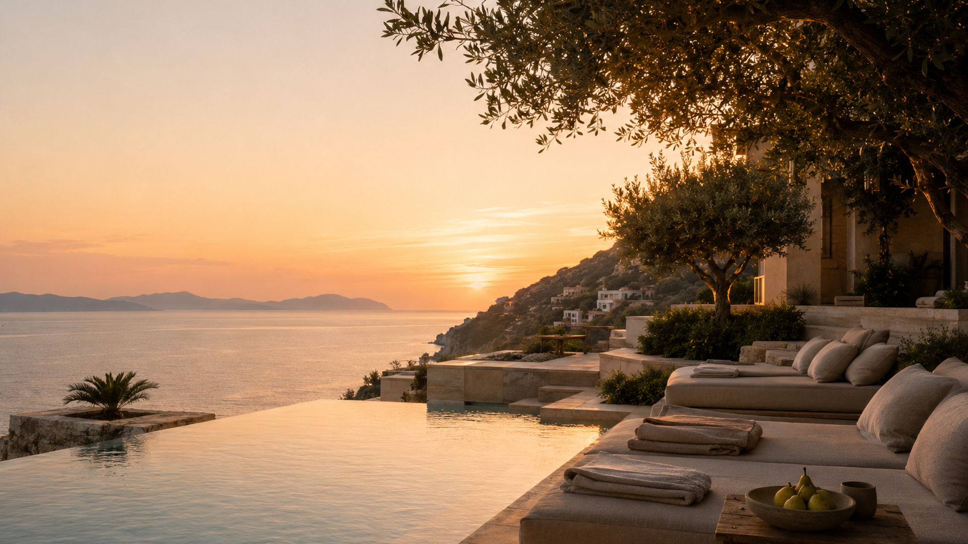A clifftop infinity pool overlooking the sea at golden hour