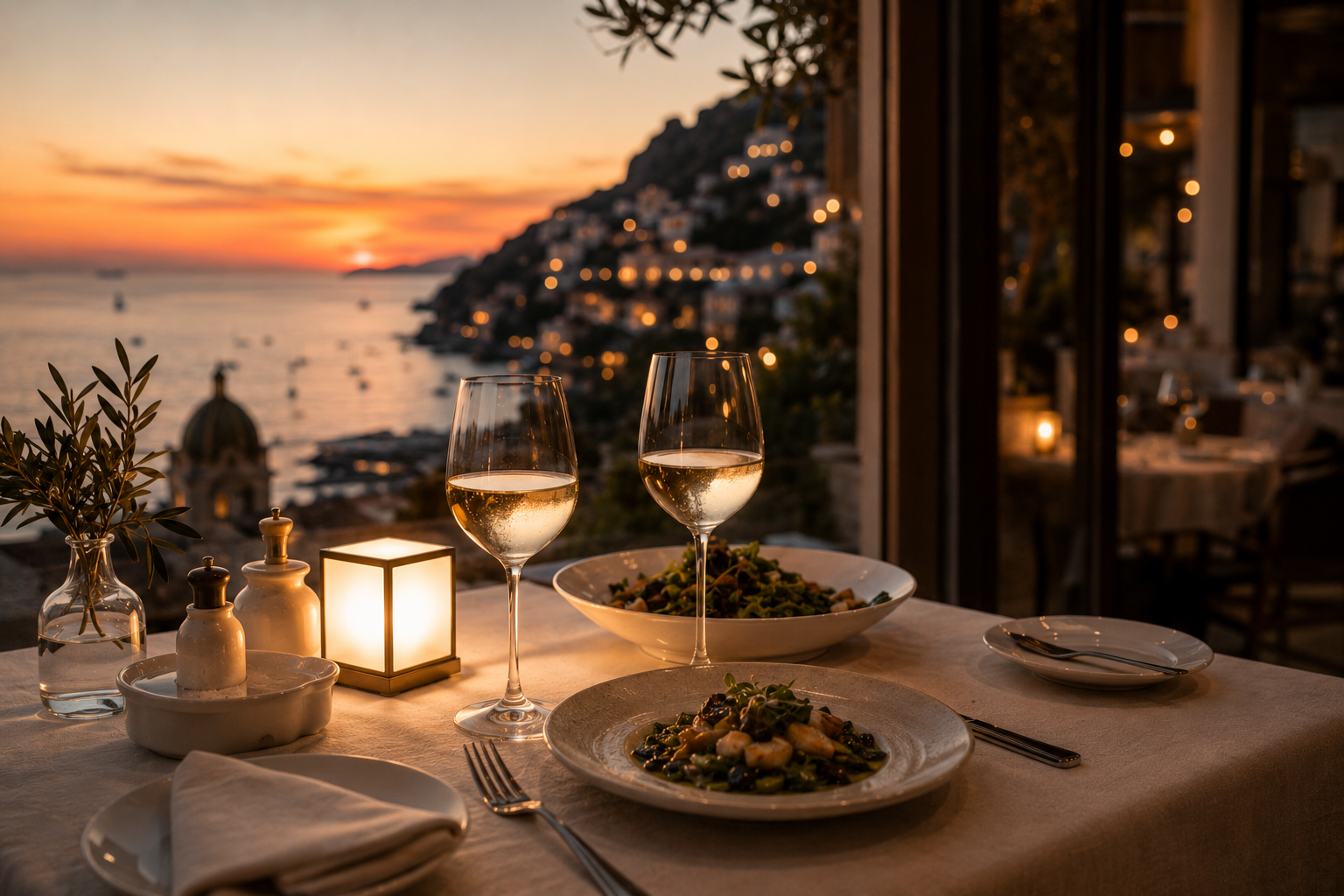 A candlelit terrace dinner overlooking a coastal town at dusk
